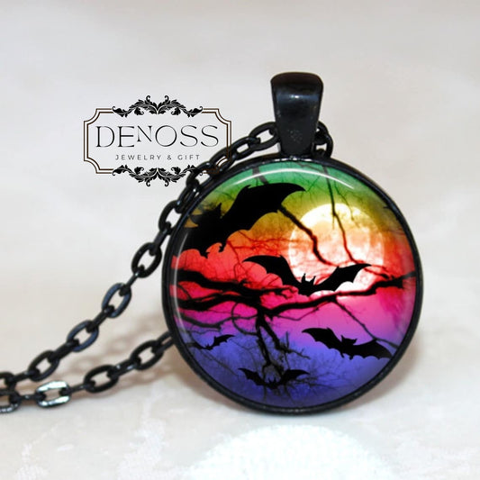 Rainbow Bats Pendant Necklace,Halloween Pendant,Bat Necklace