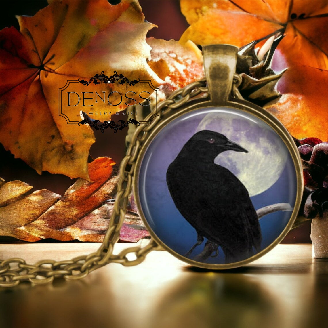 Raven Full Moon Pendant Necklace,Blackbird Jewelry,Poe Inspired