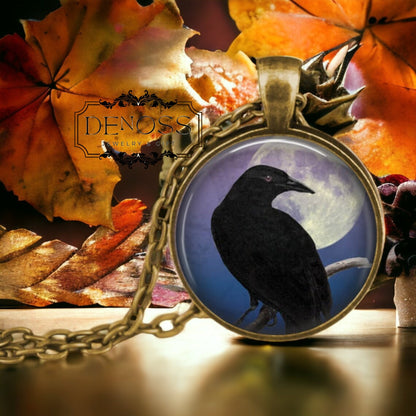 Raven Full Moon Pendant Necklace,Blackbird Jewelry,Poe Inspired