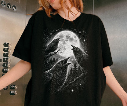 Raven Moon Shirt, Crow Graphic Tee, Dark Nature Shirt, Gothic Bird Shirt, Forest Night Aesthetic, Raven Lover Gift - Denoss