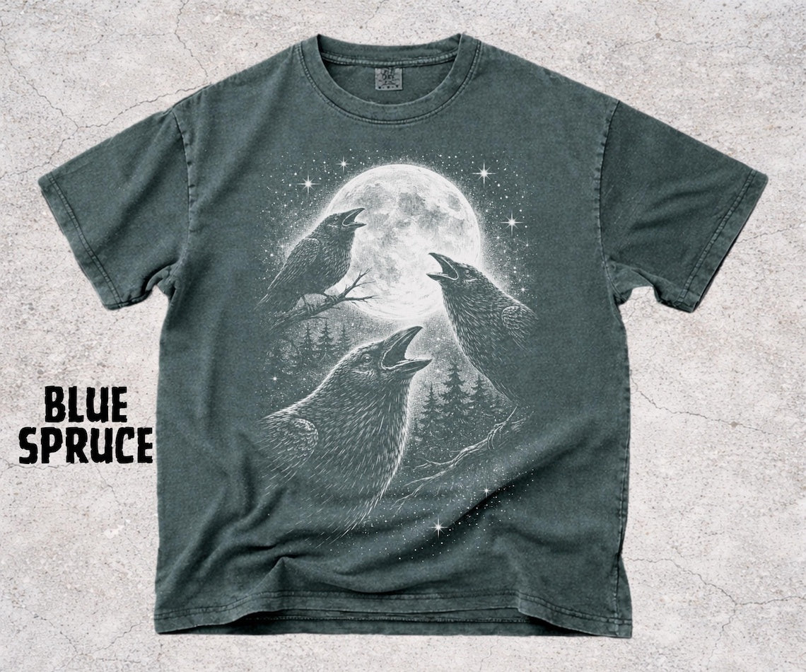 Raven Moon Shirt, Crow Graphic Tee, Dark Nature Shirt, Gothic Bird Shirt, Forest Night Aesthetic, Raven Lover Gift - Denoss