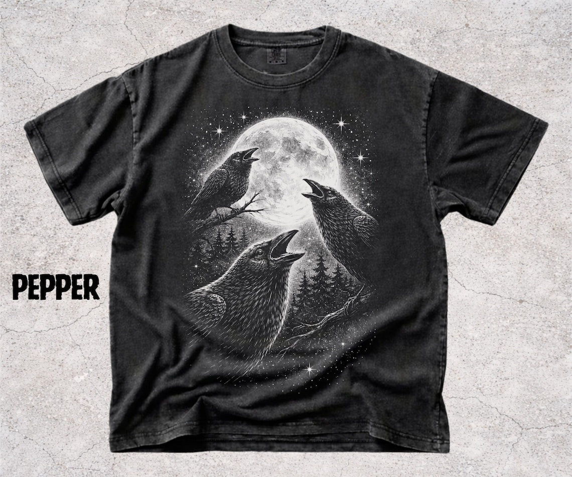 Raven Moon Shirt, Crow Graphic Tee, Dark Nature Shirt, Gothic Bird Shirt, Forest Night Aesthetic, Raven Lover Gift - Denoss