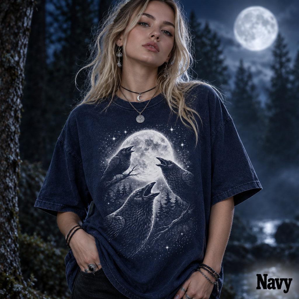 Raven Moon Shirt, Crow Graphic Tee, Dark Nature Shirt, Gothic Bird Shirt, Forest Night Aesthetic, Raven Lover Gift - Denoss