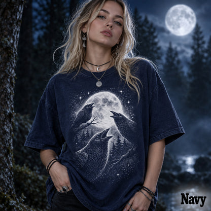 Raven Moon Shirt, Crow Graphic Tee, Dark Nature Shirt, Gothic Bird Shirt, Forest Night Aesthetic, Raven Lover Gift - Denoss
