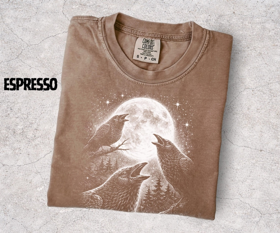 Raven Moon Shirt, Crow Graphic Tee, Dark Nature Shirt, Gothic Bird Shirt, Forest Night Aesthetic, Raven Lover Gift - Denoss