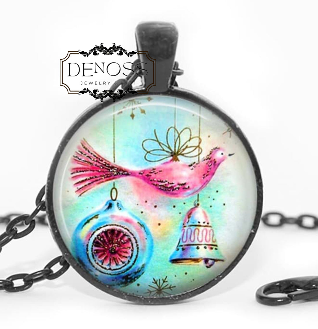 Retro Christmas Ornament Cabochon Necklace,Holiday Jewelry Gift