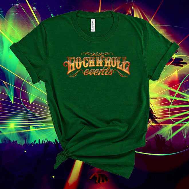 Green t-shirt with 'Rock N Roll events' text on a colorful concert background