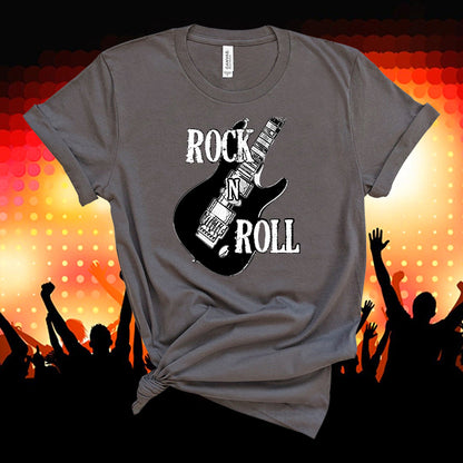 Gray t-shirt with a guitar graphic and 'Rock N Roll' text against a concert background