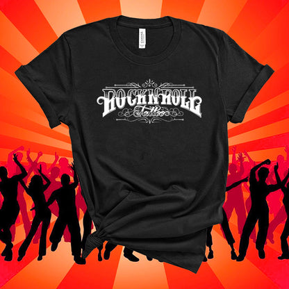 Black t-shirt with 'Duggin' Out Tattoo' design on an orange background with silhouettes of people dancing.