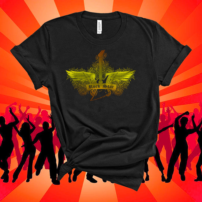 Black t-shirt with 'Rock Star' design on an orange background with silhouettes of people dancing.
