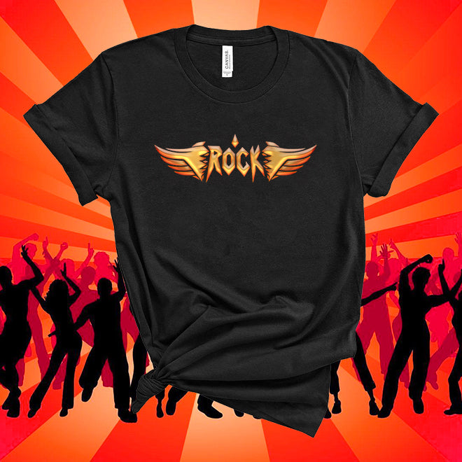 Black t-shirt with 'Rock' design on an orange background with silhouettes of people dancing.