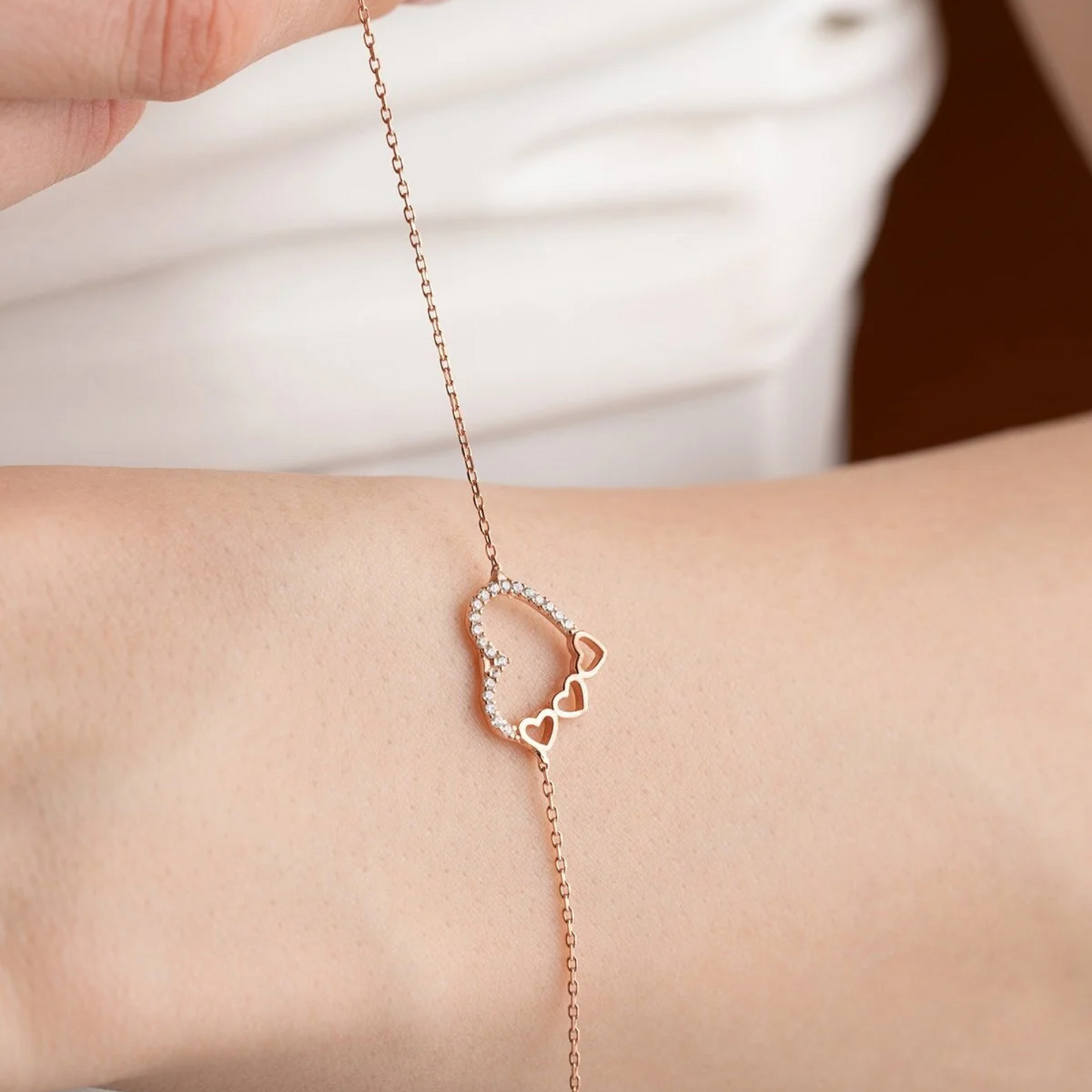925 Sterling Silver 3 Row Heart Bracelet