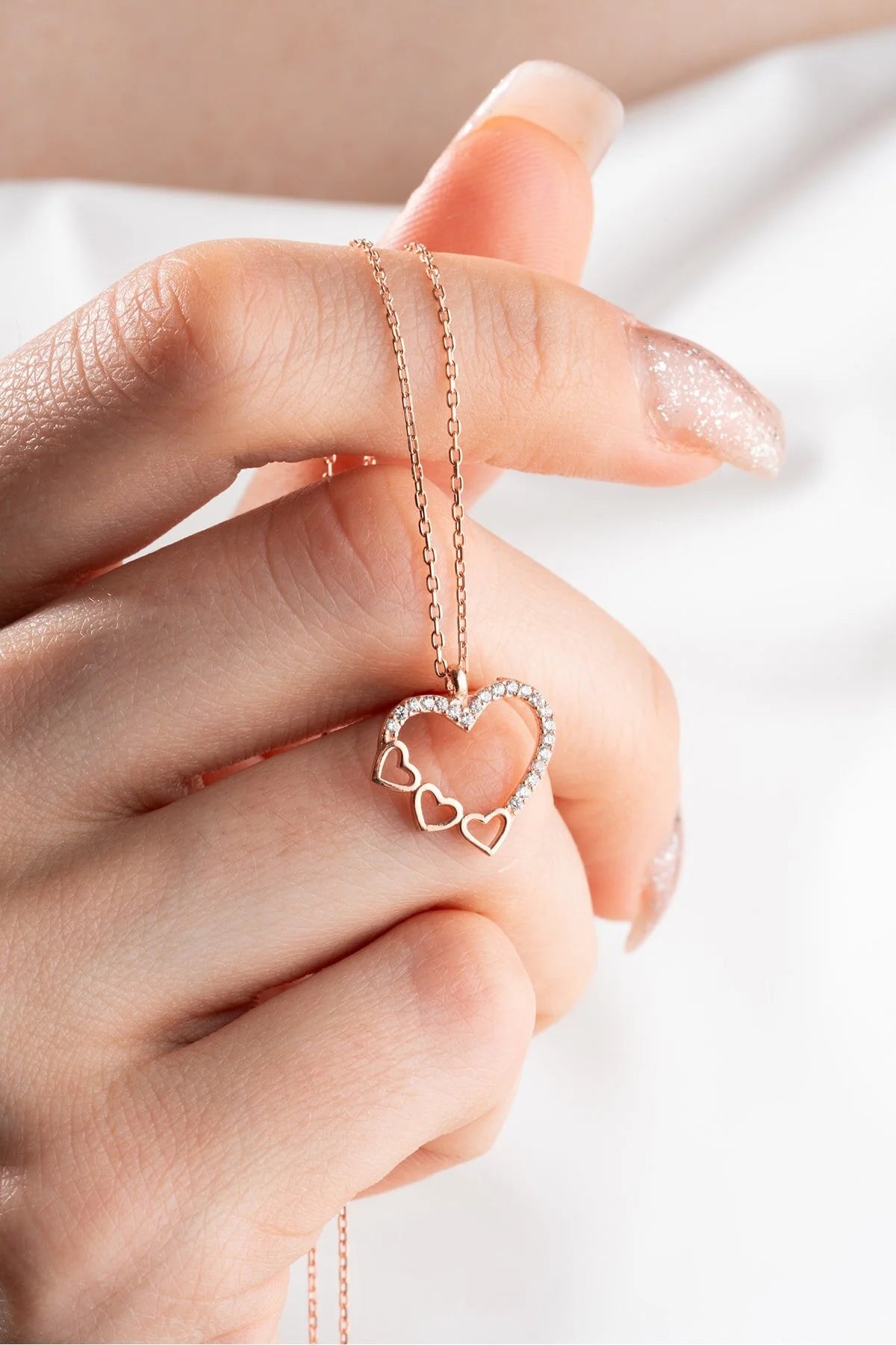 925 Sterling Silver Gold 3 Row Heart Design Necklace