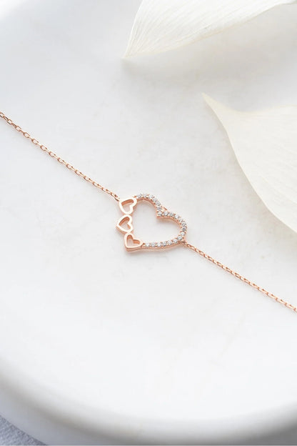 925 Sterling Silver 3 Row Heart Bracelet