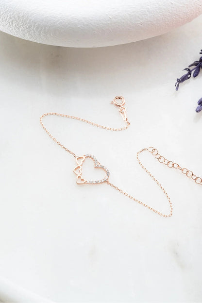 925 Sterling Silver 3 Row Heart Bracelet
