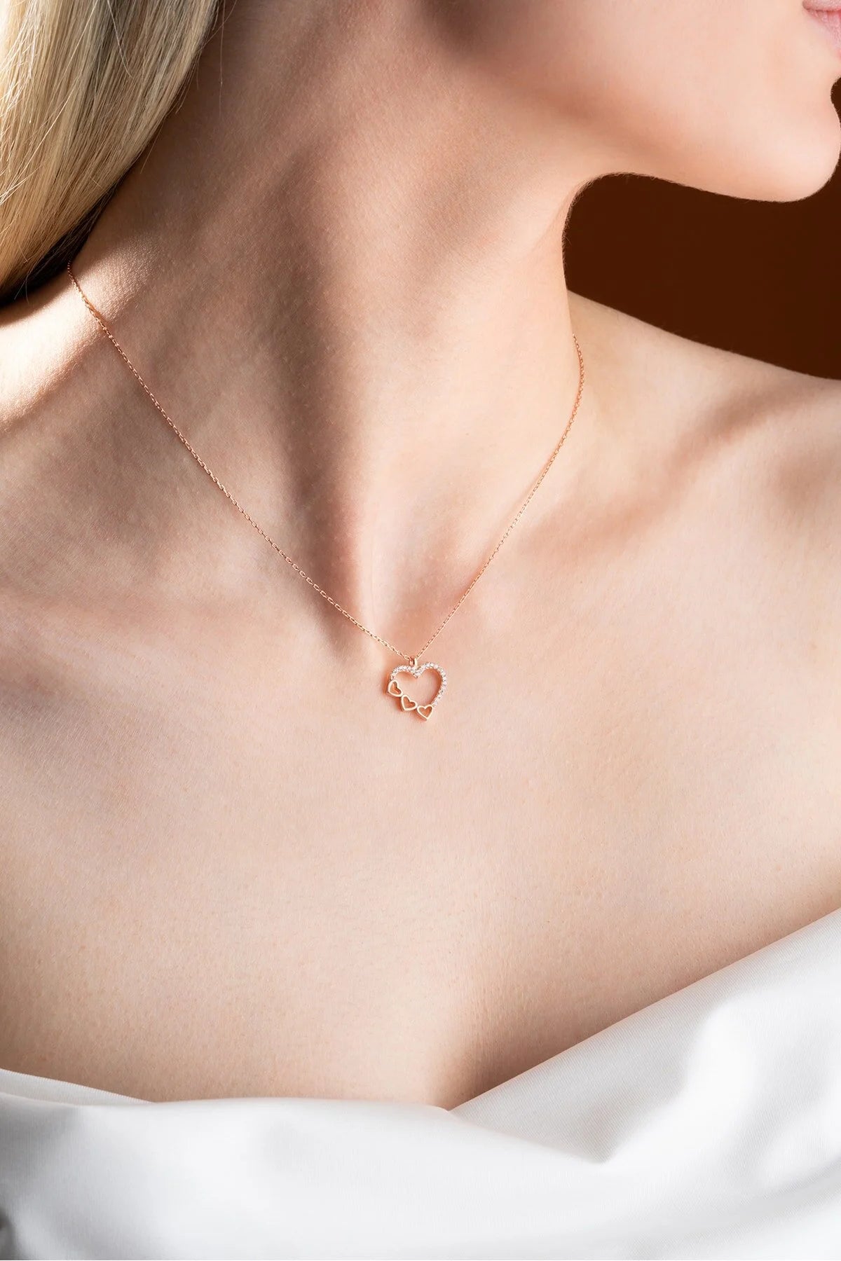 925 Sterling Silver Gold 3 Row Heart Design Necklace