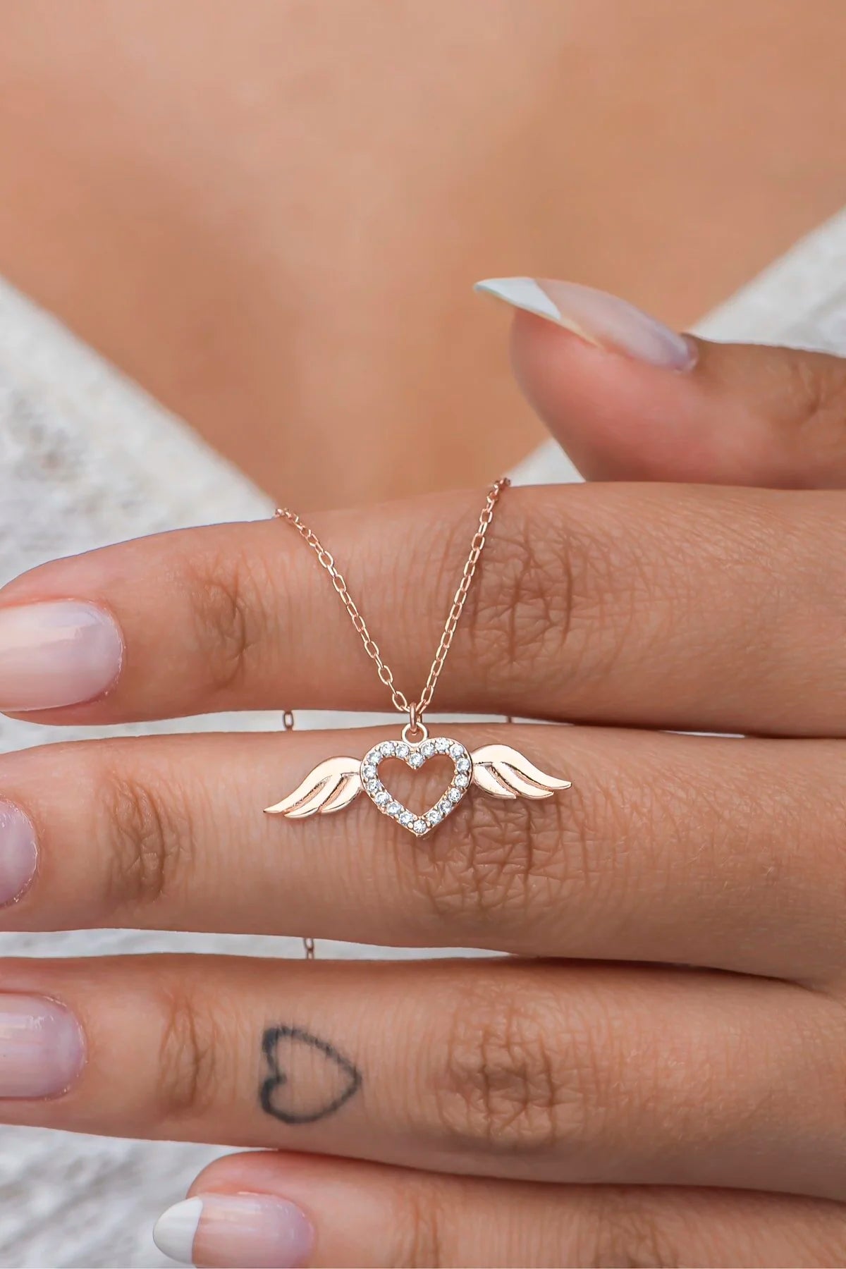 925 Sterling Silver Rosegold Little Flying Heart Necklace