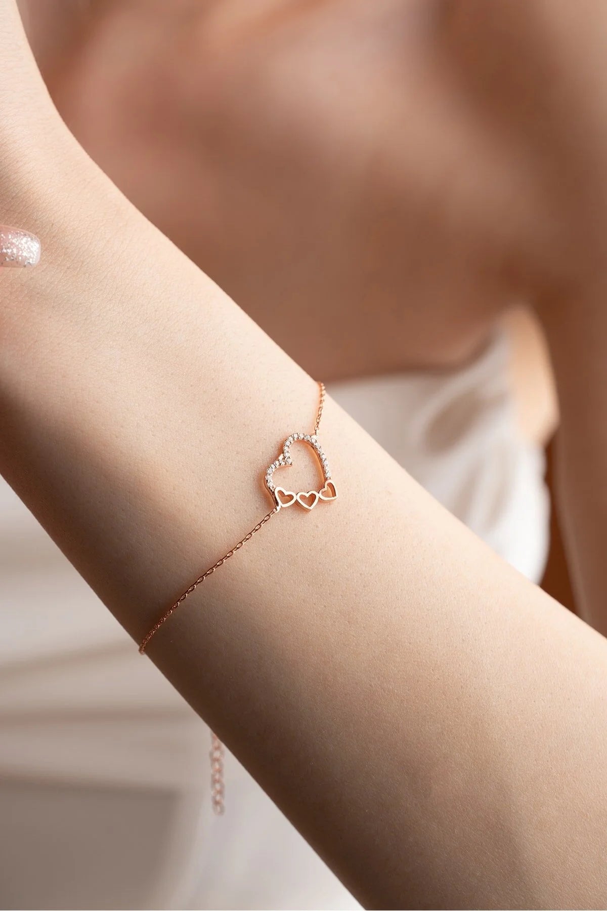 925 Sterling Silver 3 Row Heart Bracelet