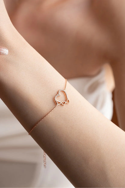925 Sterling Silver 3 Row Heart Bracelet