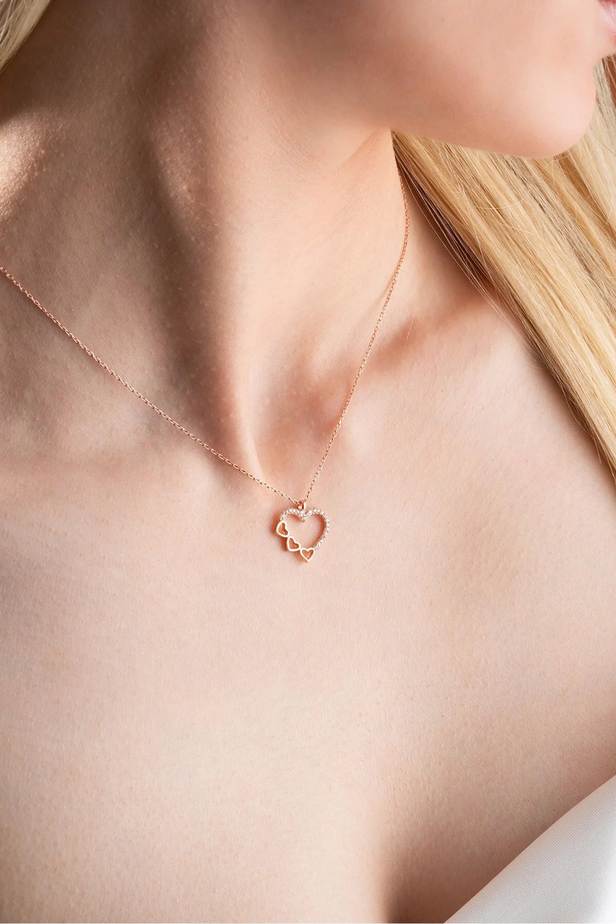925 Sterling Silver Gold 3 Row Heart Design Necklace