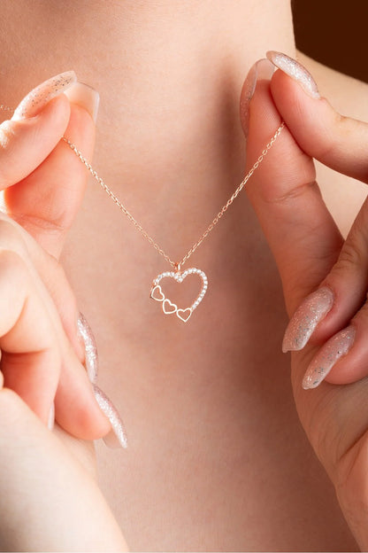 925 Sterling Silver Gold 3 Row Heart Design Necklace