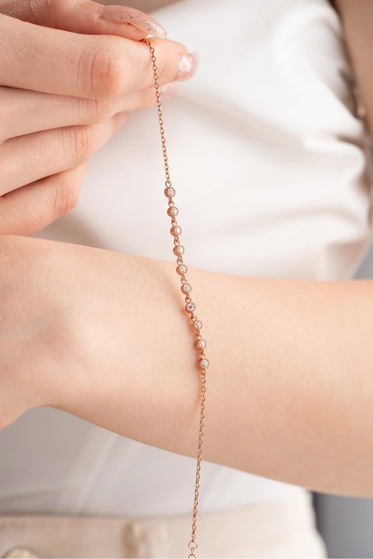 925 Sterling Tiny Row White Zircon Stone Bracelet