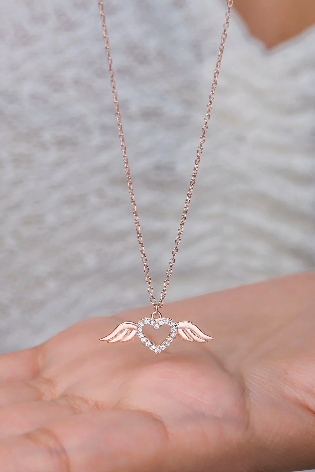 925 Sterling Silver Rosegold Little Flying Heart Necklace