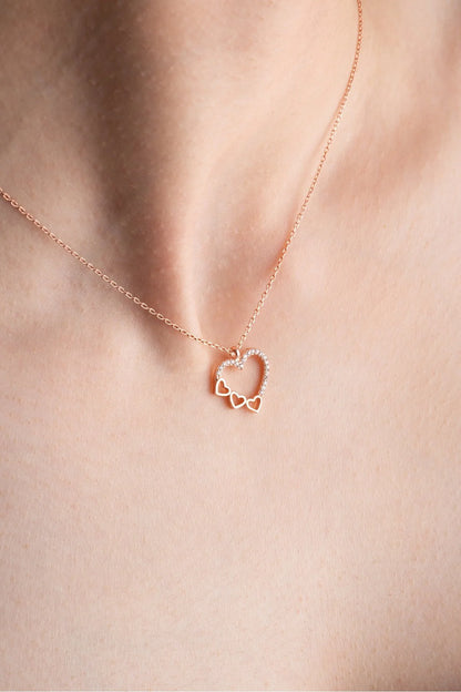 925 Sterling Silver Gold 3 Row Heart Design Necklace