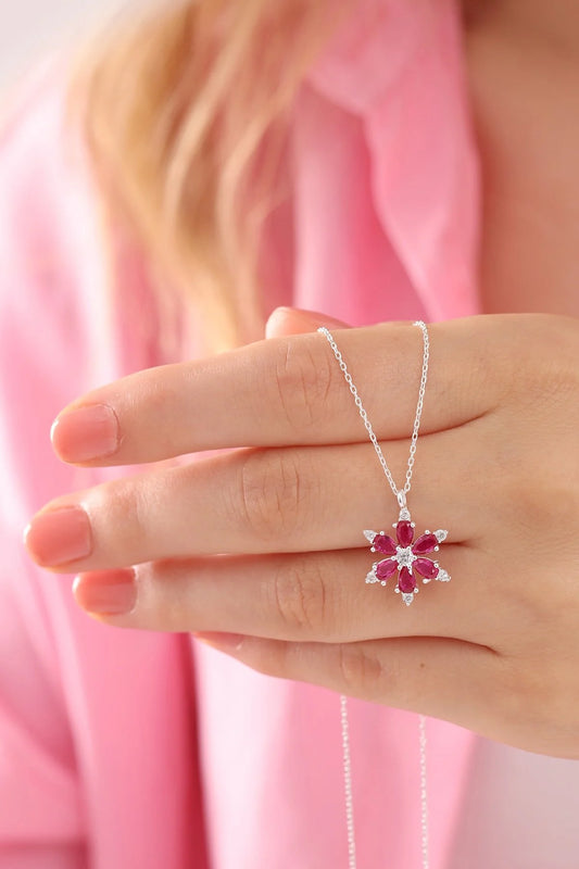 925 Sterling Silver Chain Ruby Lotus Camellia Flower of Life Necklace