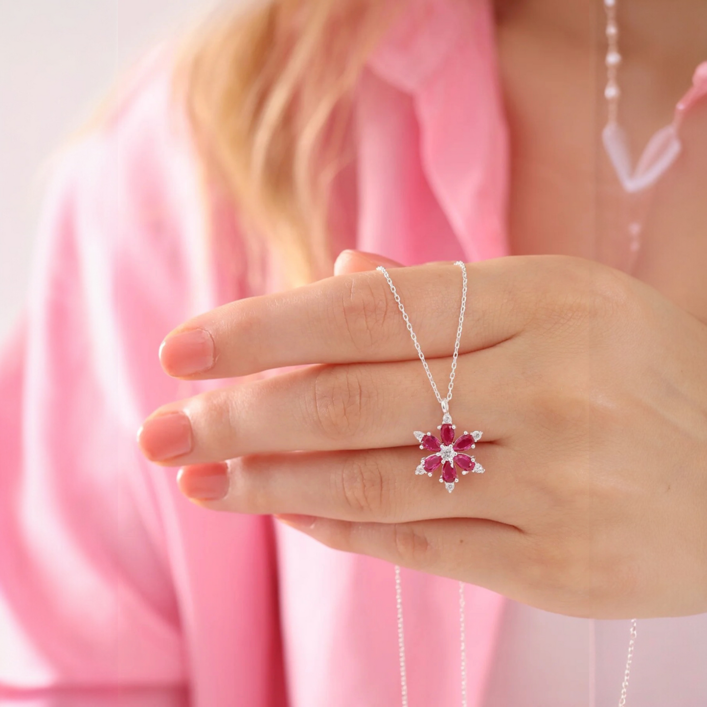 925 Sterling Silver Chain Ruby Lotus Camellia Flower of Life Necklace