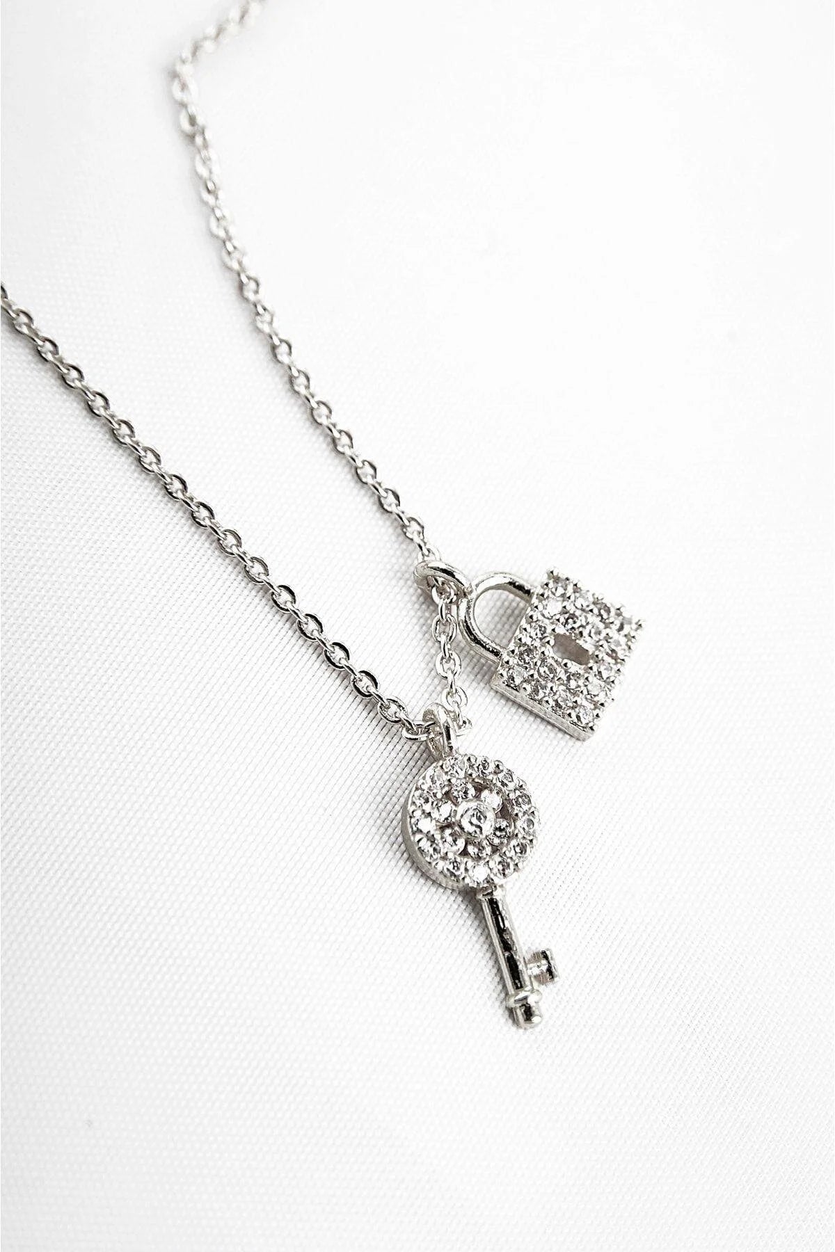 Lock and Key Gold-Silver Zircon Necklace