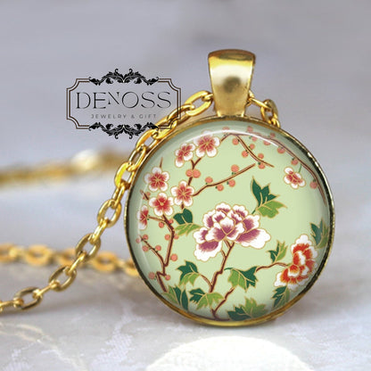 Sakura Garden in Green Necklace, Sakura Flowers Necklace, Cherry Blossom Pendant, Sakura Flower Key Chain, Flower Pendant, Japanese Garden