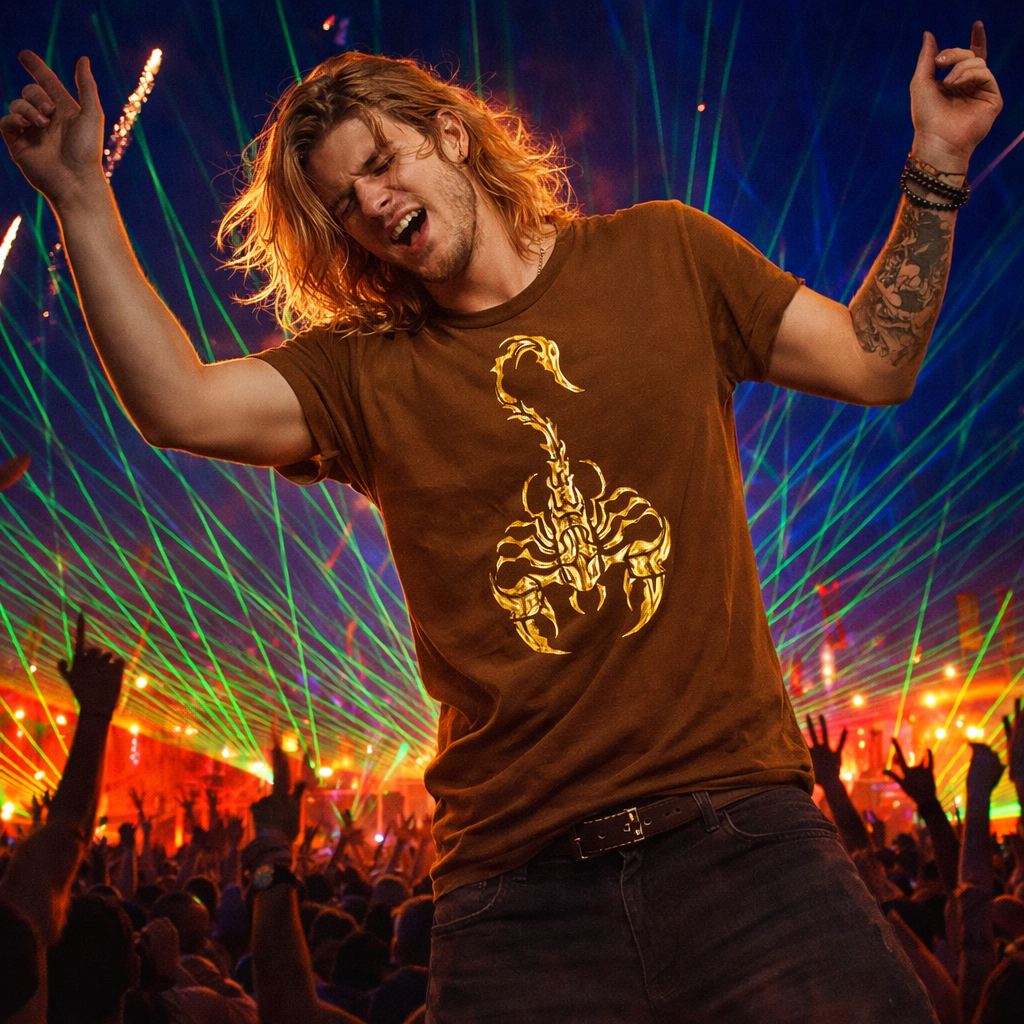 Person with tattooed arms wearing a brown t-shirt with a scorpion design, standing in front of a vibrant concert crowd with laser lights.
