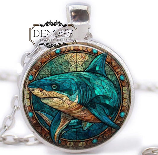 Shark Faux Stained Glass Art Pendant Necklace,Sea & Ocean World
