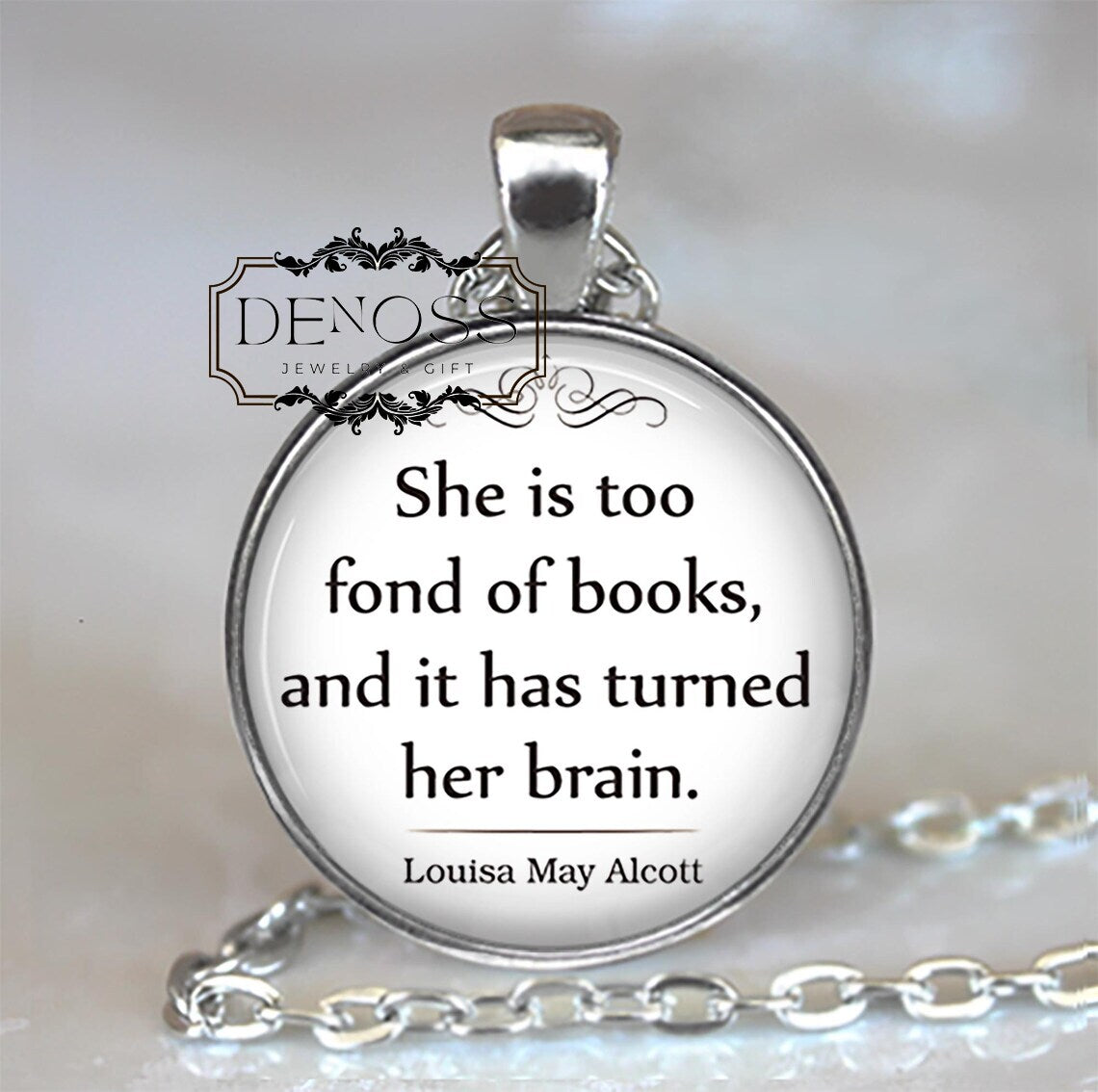 She is too fond of Books quote necklace,book lover gift,book club or librarian gift