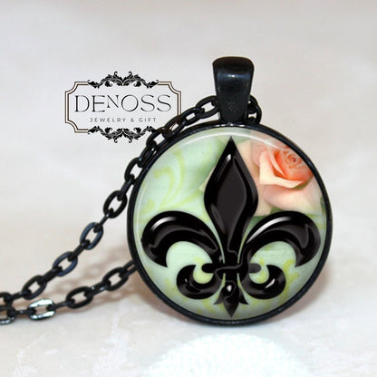 Shiny Black Fluer De Lis with Rose Pendant,Necklace