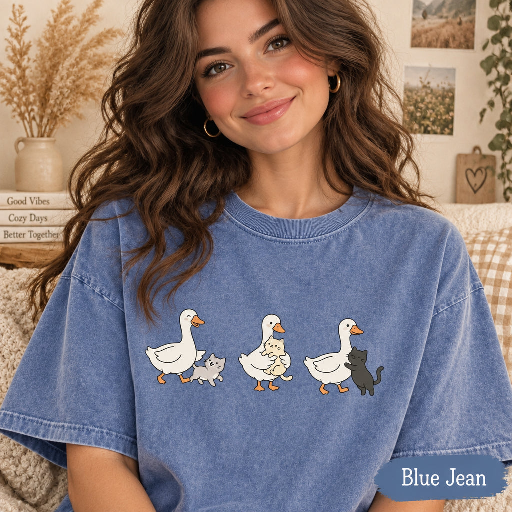 Silly Goose And Cat Crew Shirt, Funny Animal Graphic Tee, Cat Lover Gift, Cat Goose Friendship T-shirt, Goose Meme Top, Goose Lover T-Shirt