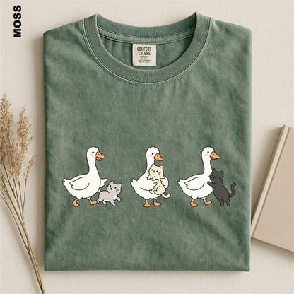 Silly Goose And Cat Crew Shirt, Funny Animal Graphic Tee, Cat Lover Gift, Cat Goose Friendship T-shirt, Goose Meme Top, Goose Lover T-Shirt