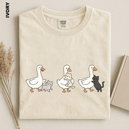 Silly Goose And Cat Crew Shirt, Funny Animal Graphic Tee, Cat Lover Gift, Cat Goose Friendship T-shirt, Goose Meme Top, Goose Lover T-Shirt