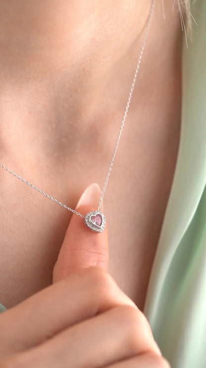 925 Sterling Silver Gold Pink Stone Heart Necklace