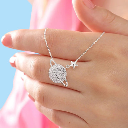 925 Sterling Silver Chain Saturn Planet Necklace