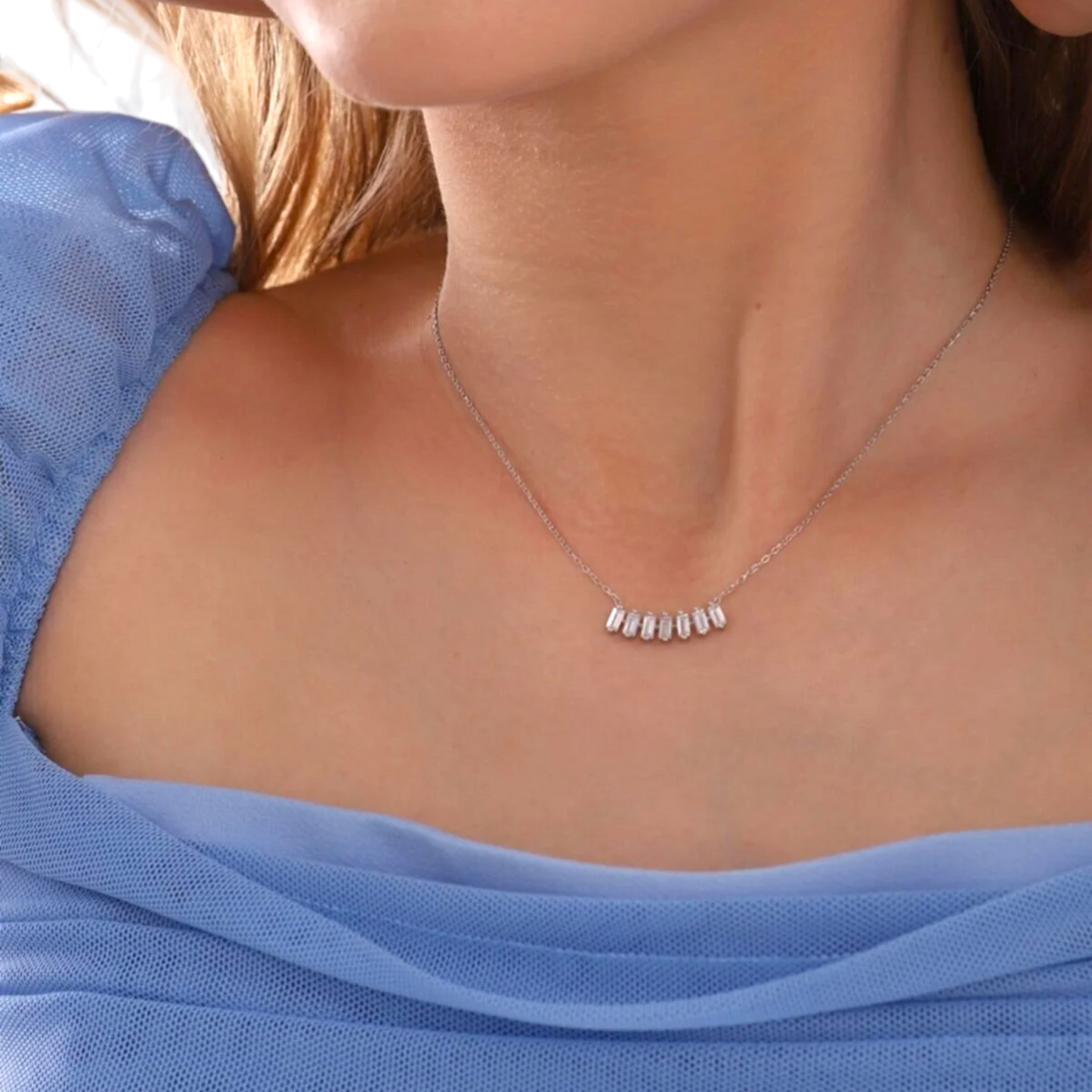 925 Sterling Silver Baguette Stone Diamond Mounted Necklace