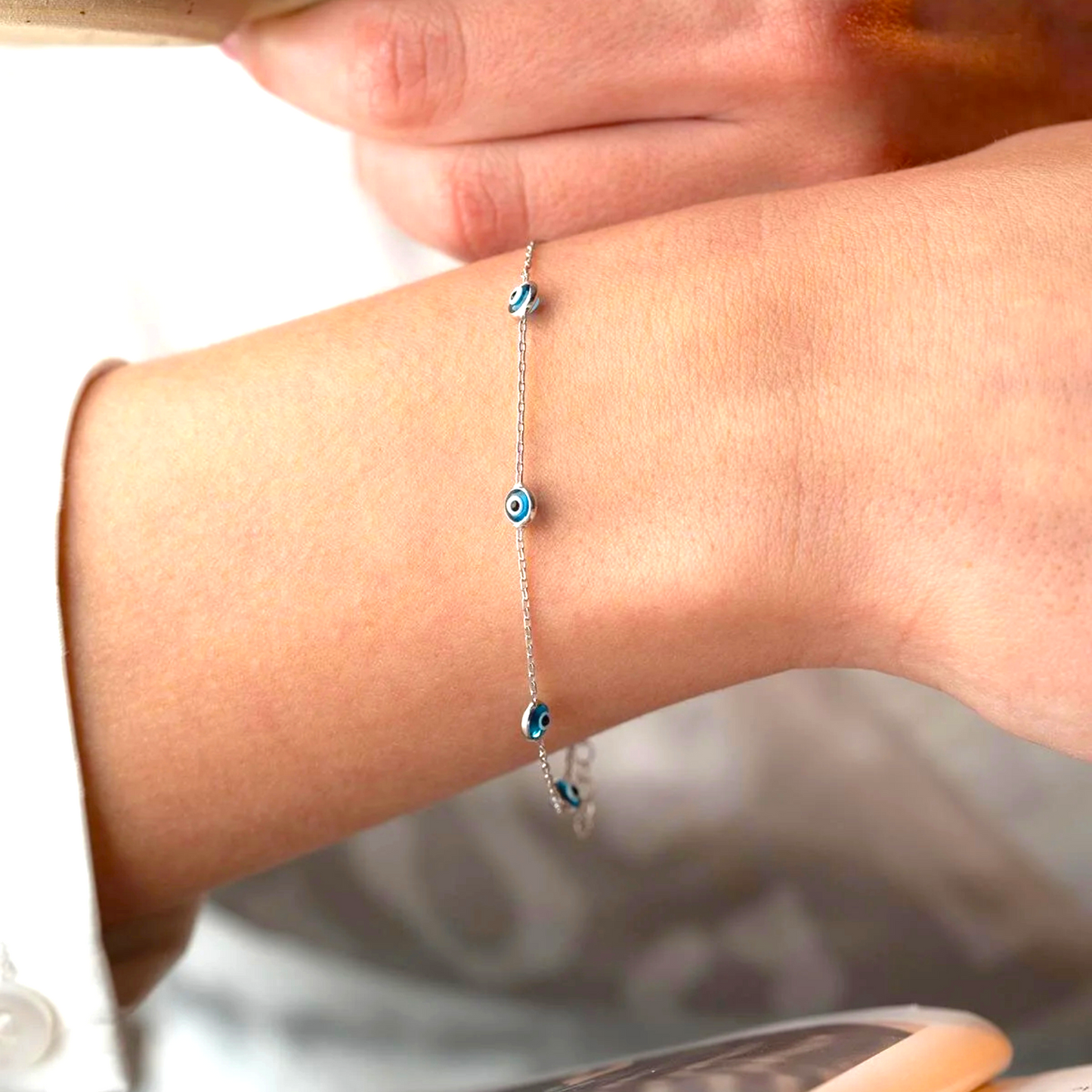 925 Sterling Silver Single Row Evil Eye Bracelet