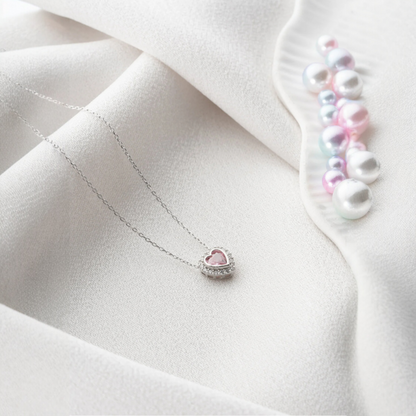 925 Sterling Silver Gold Pink Stone Heart Necklace