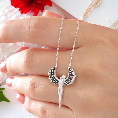 925 Sterling Silver Chain Black Stones Angels Necklace