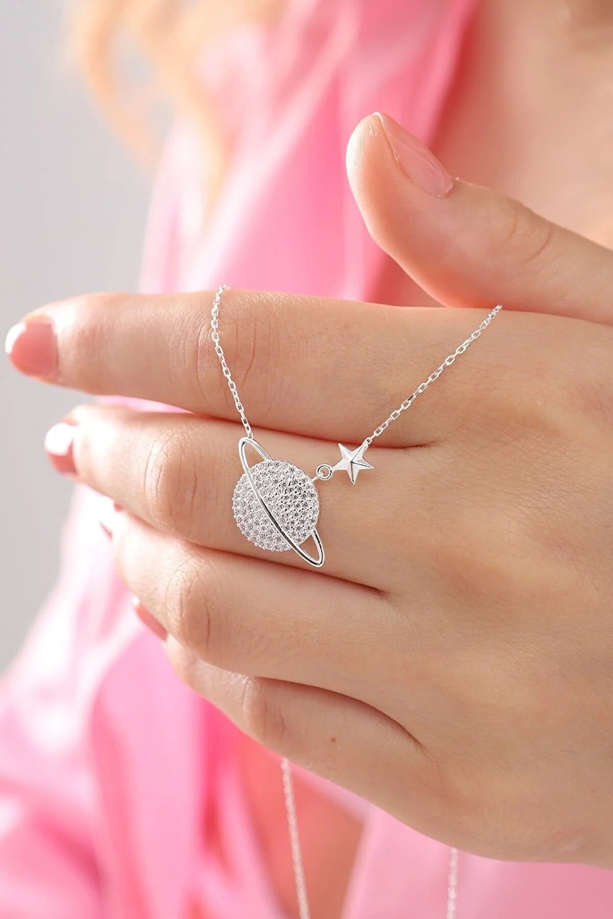 925 Sterling Silver Chain Saturn Planet Necklace