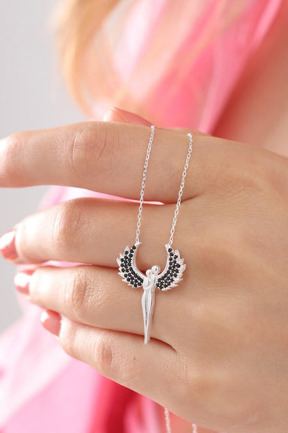 925 Sterling Silver Chain Black Stones Angels Necklace