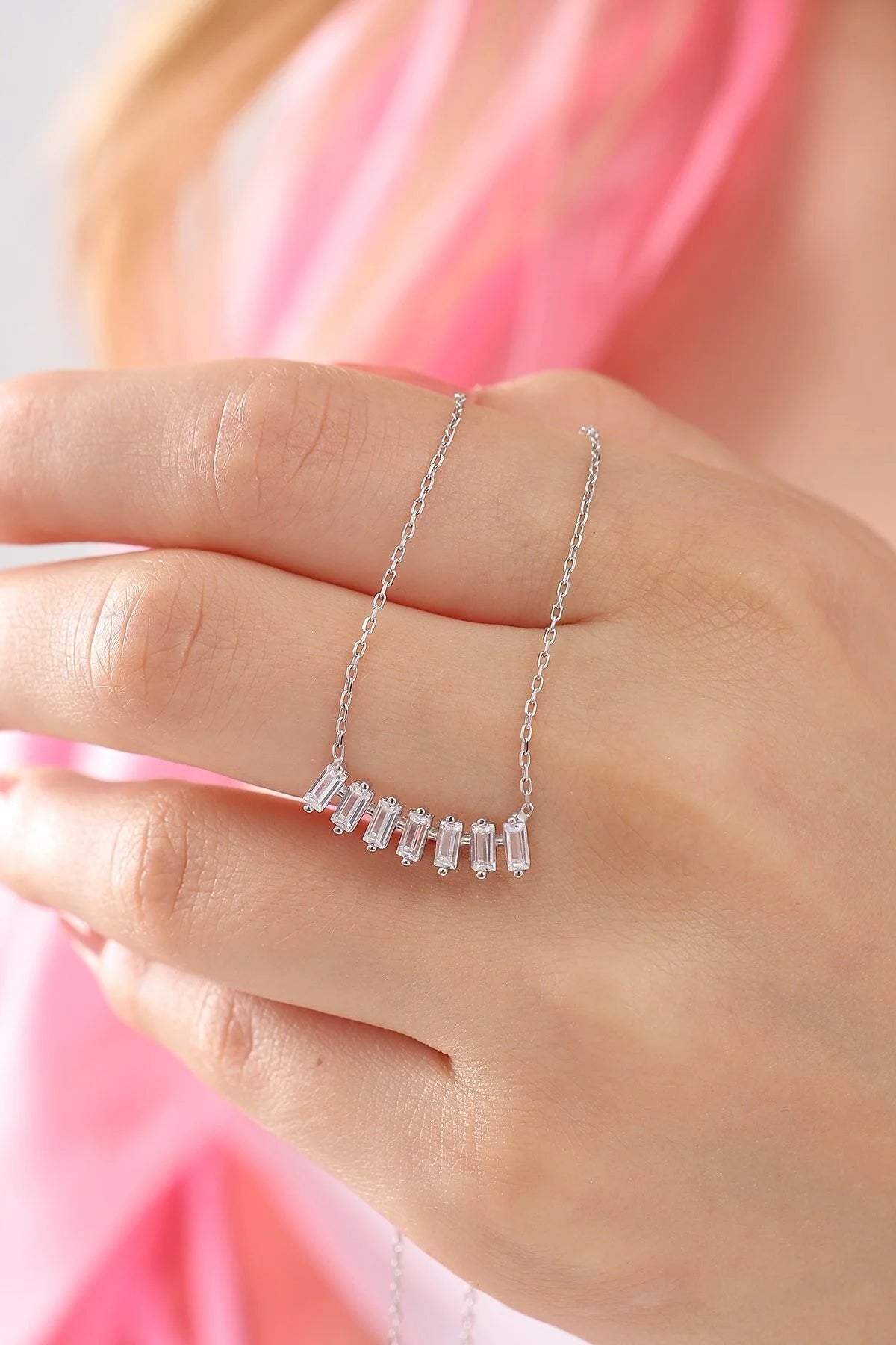 925 Sterling Silver Baguette Stone Diamond Mounted Necklace
