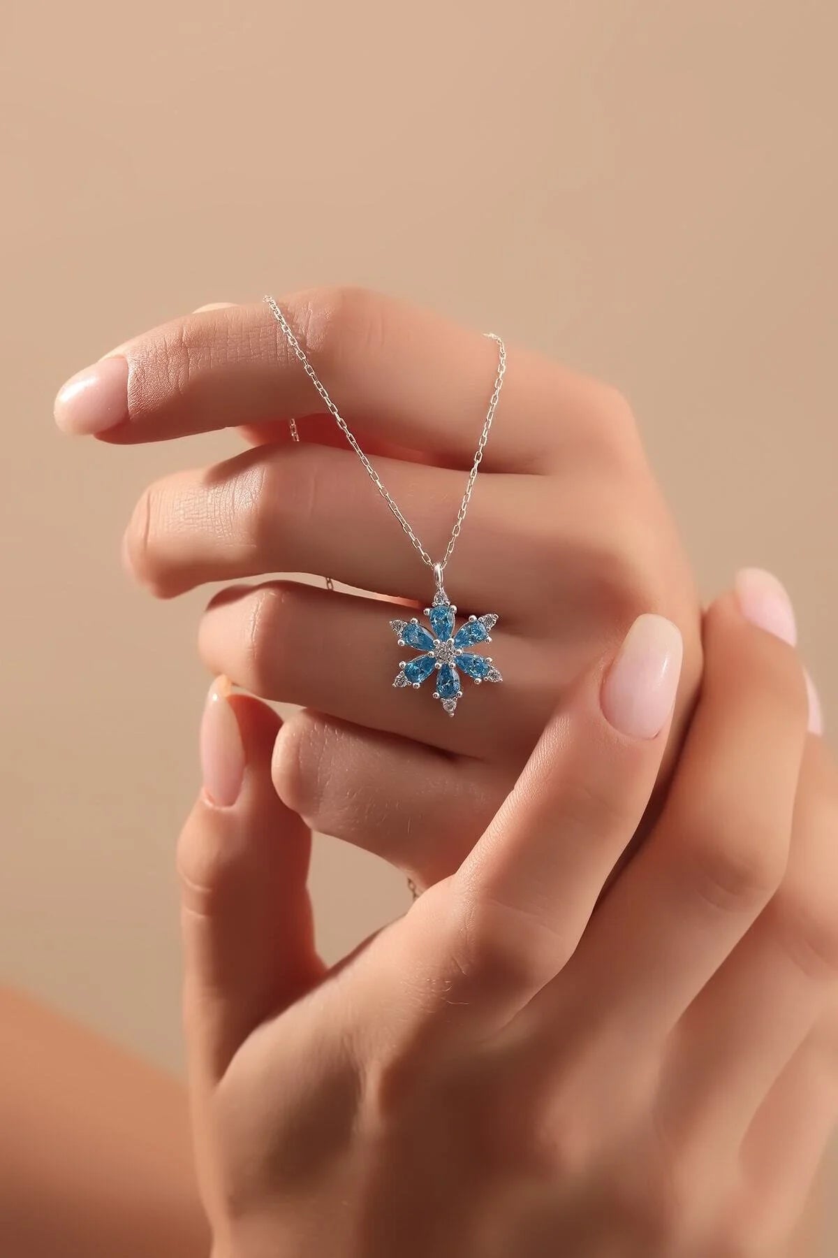 925 Sterling Silver Chain Aquamarine Lotus Camellia Flower of Life Necklace