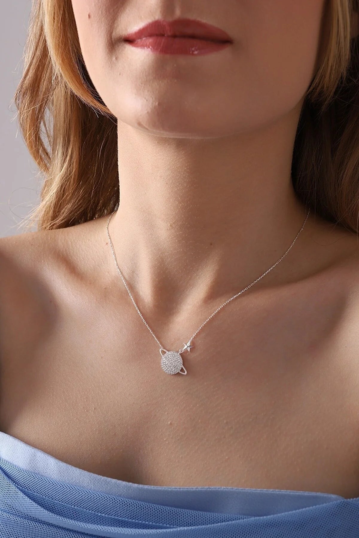925 Sterling Silver Chain Saturn Planet Necklace